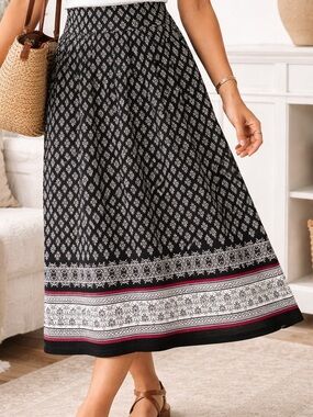 Liz Claiborne Cottagecore Boho Midi Skirt Black Floral Border Romantic Stretch S